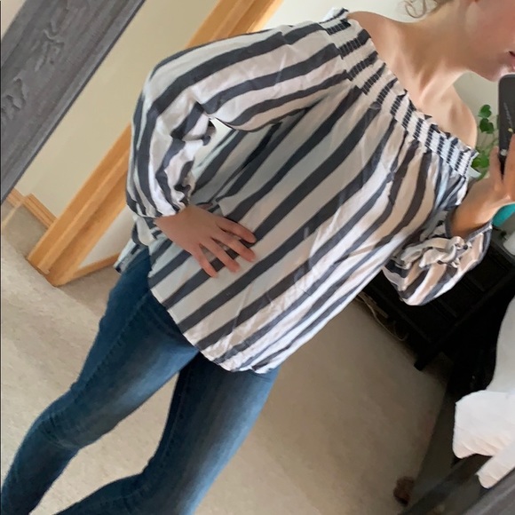 White and blue striped off the shoulder top S - Picture 2 of 7